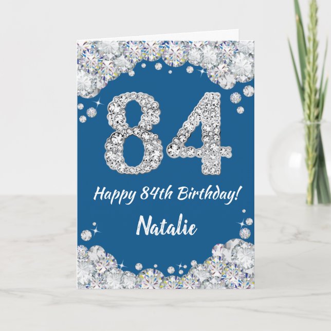 Feliz 84º cumpleaños tarjeta Purpurina azul y plat (Anverso)
