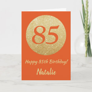 Feliz 85º cumpleaños Naranja y tarjeta Purpurina d