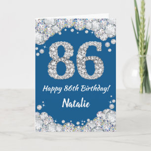 Feliz 86º cumpleaños tarjeta Purpurina azul y plat