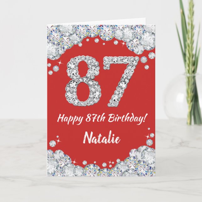 Feliz 87 cumpleaños tarjeta de Purpurina roja y pl (Anverso)