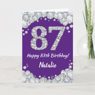 Feliz 87 cumpleaños, tarjeta Purpurina morada y pl