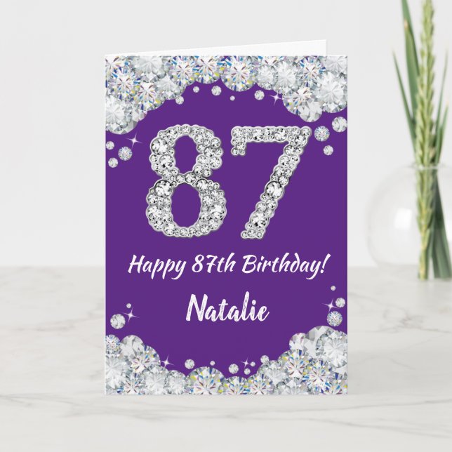 Feliz 87 cumpleaños, tarjeta Purpurina morada y pl (Anverso)