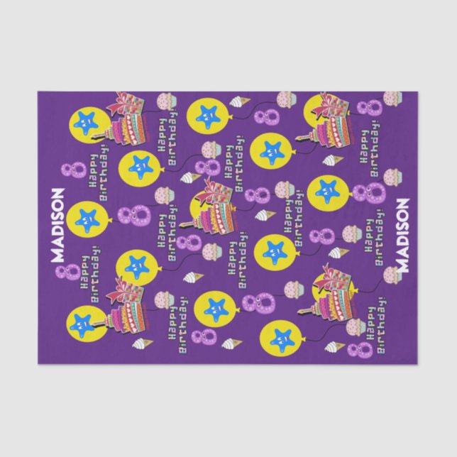 Feliz 8.º Papel del Tejido de Cumpleaños #8 Púrpur (Anverso)