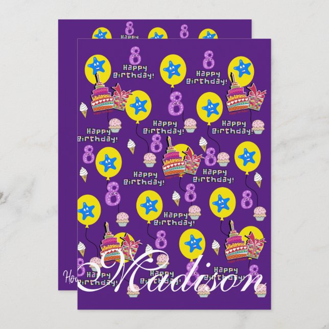 Feliz 8 cumpleaños por invitación #8 púrpura (Anverso / Reverso)