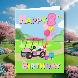 Feliz 8 cumpleaños, tarjeta de golf Polka Dot Pink