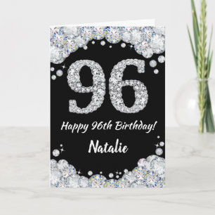 Feliz 96º cumpleaños tarjeta de Purpurina negro y 