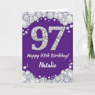 Feliz 97 cumpleaños, tarjeta Purpurina morada y pl