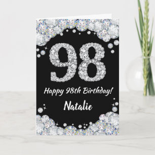 Feliz 98º cumpleaños tarjeta Purpurina negra y pla