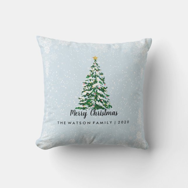 Feliz almohada del árbol de navidad Nevado azul (Anverso)