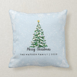 Feliz almohada del árbol de navidad Nevado azul