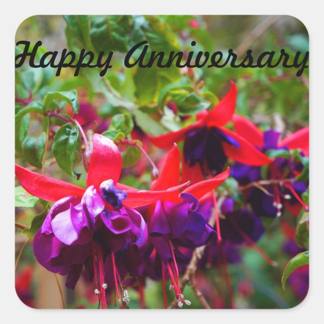 Feliz Aniversario Pegatinas de la Fuchsia Roja y M (Anverso)