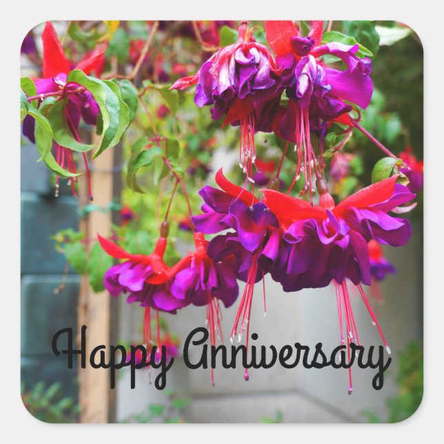 Feliz Aniversario Pegatinas de la Fuchsia Roja y M (Anverso)