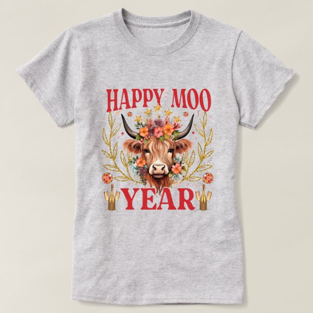 Feliz Año Moo | Vaca Highland | Camiseta de Año Nu (Diseño del anverso)