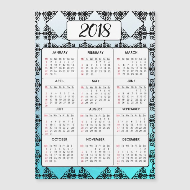 Feliz Año Nuevo 2018 Aqua Blue Magnetic Calendar (Anverso)