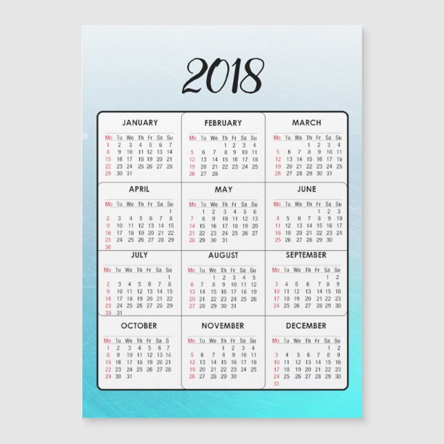Feliz Año Nuevo 2018 Aqua Blue Magnetic Calendar (Anverso)