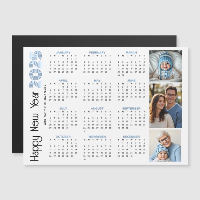 Feliz Año Nuevo 2025 foto azul del calendario (Anverso/Reverso)