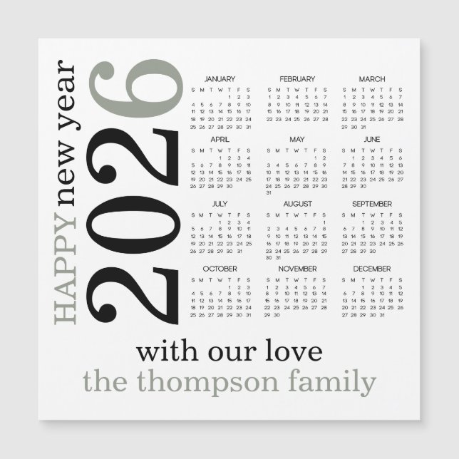 Feliz Año Nuevo 2026 Calendario Blanco Verde para  (Anverso)