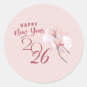 Feliz Año Nuevo 2026 Pegatina Redonda Floral Rosa
