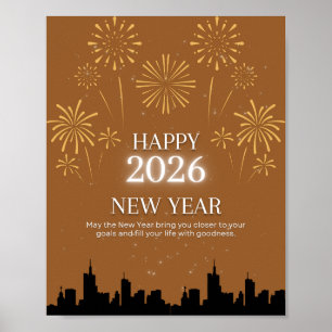 Feliz Año Nuevo 2026 – Póster elegante marrón dora