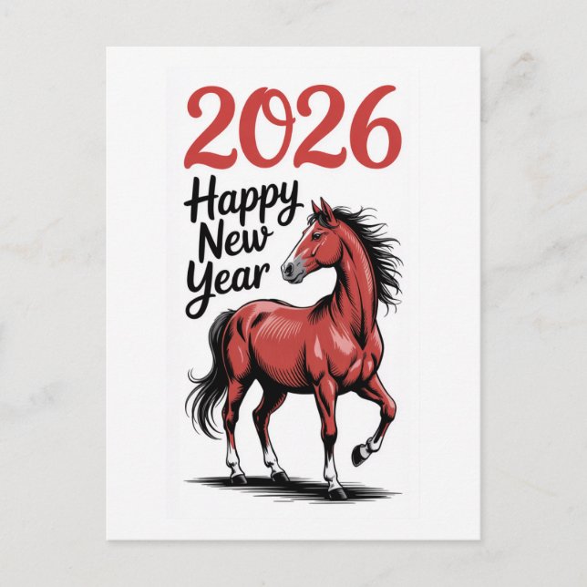 Feliz Año Nuevo 2026 Tarjeta Ilustración Caballo R (Anverso)
