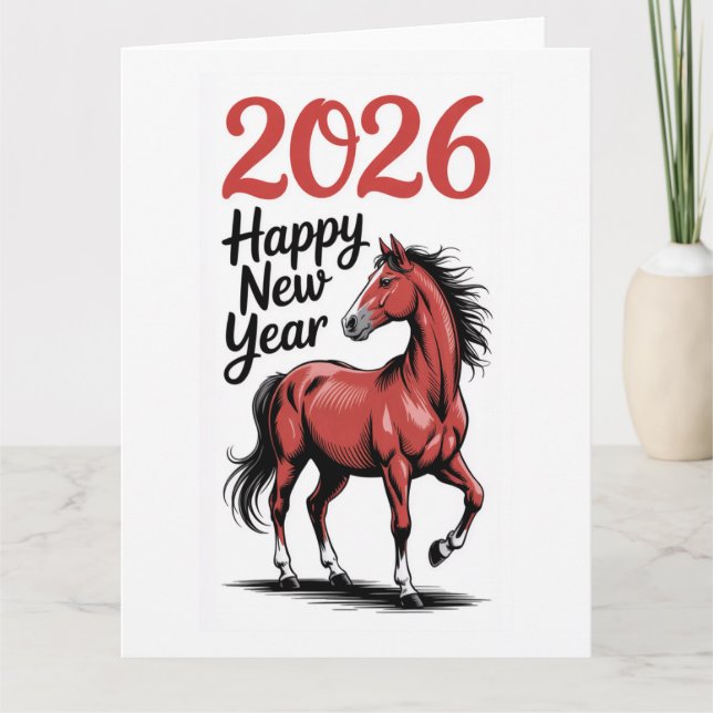 Feliz Año Nuevo 2026 Tarjeta Ilustracion de Caball (Anverso)
