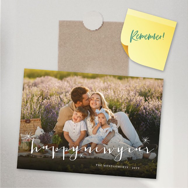 Feliz Año Nuevo con estallido de foto tarjeta magn (Happy New Year Classic Script Starbursts Photo Magnetic Card @ fat_fa_tin)