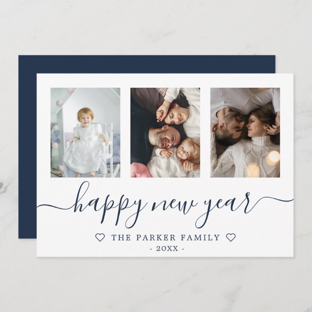 Feliz año nuevo con tarjeta azul de Collage de fot (Anverso / Reverso)