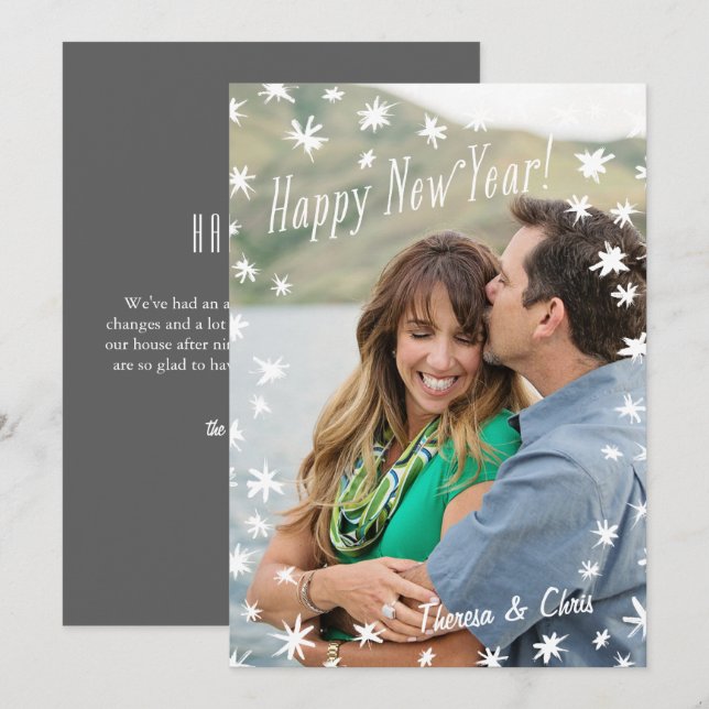 Feliz Año Nuevo con tarjeta de foto plana blanca (Anverso / Reverso)