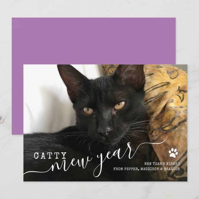 Feliz año nuevo, foto de gato, tarjeta de vacacion (Anverso / Reverso)