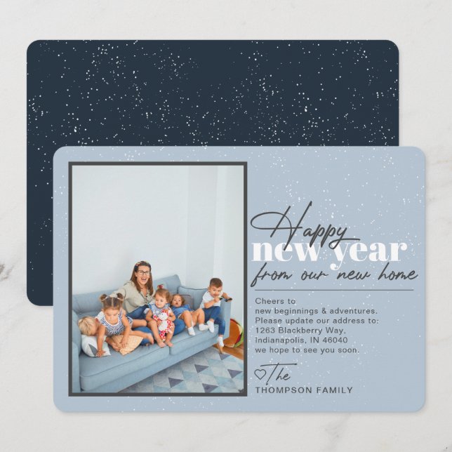 Feliz Año Nuevo Invitación en movimiento Foto azul (Anverso / Reverso)