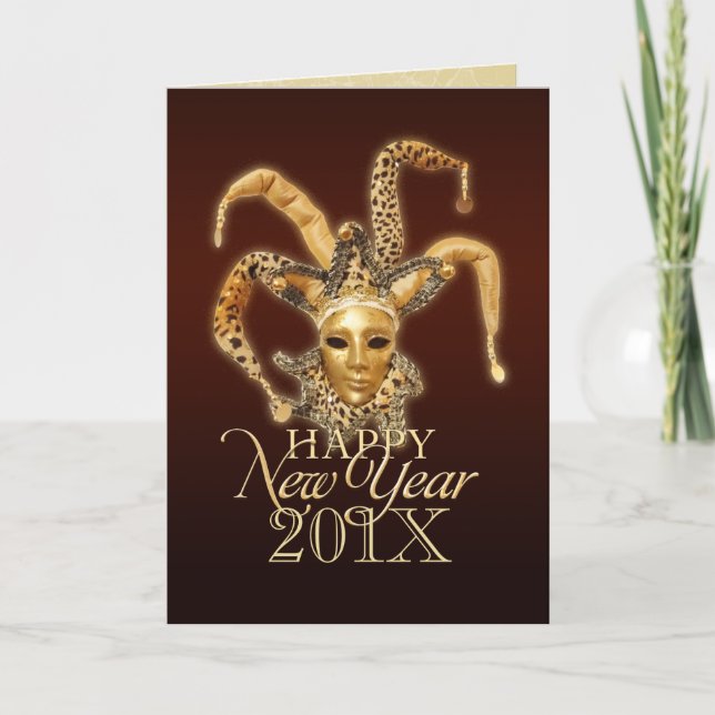 Feliz Año Nuevo Jester tarjeta de máscara venecian (Anverso)