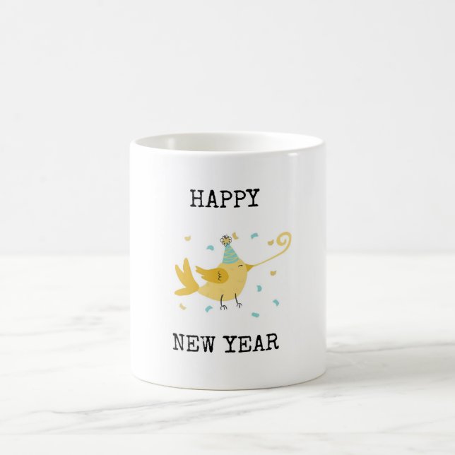 Feliz Año Nuevo, pájaro en una taza de café (Centro)