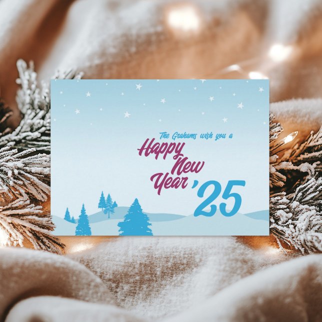 Feliz año nuevo postal moderno lindo sin foto (Modern non-photo Happy New Year postcard with forest greenery and a starry sky.)