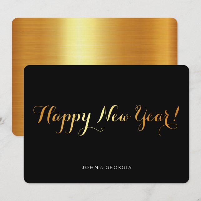 Feliz año nuevo, tarjeta de invitación negro y oro (Anverso / Reverso)