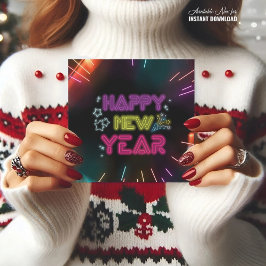 Feliz año nuevo tarjeta negra elegante neón