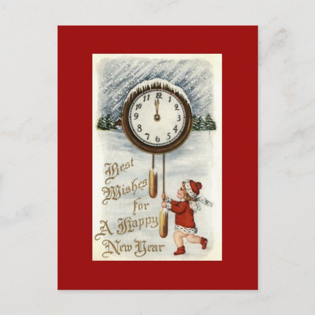 Feliz Año Nuevo Vintales Postales Niños con Reloj (Anverso)