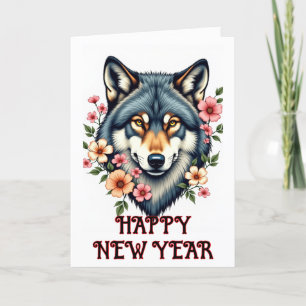 Feliz Año Nuevo Wolf Floral Doble tarjeta de vacac