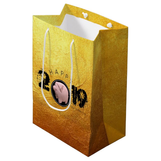 Feliz Año PIg 2019 Bolsa original 3D dorada M Gift (Angulo Anverso)