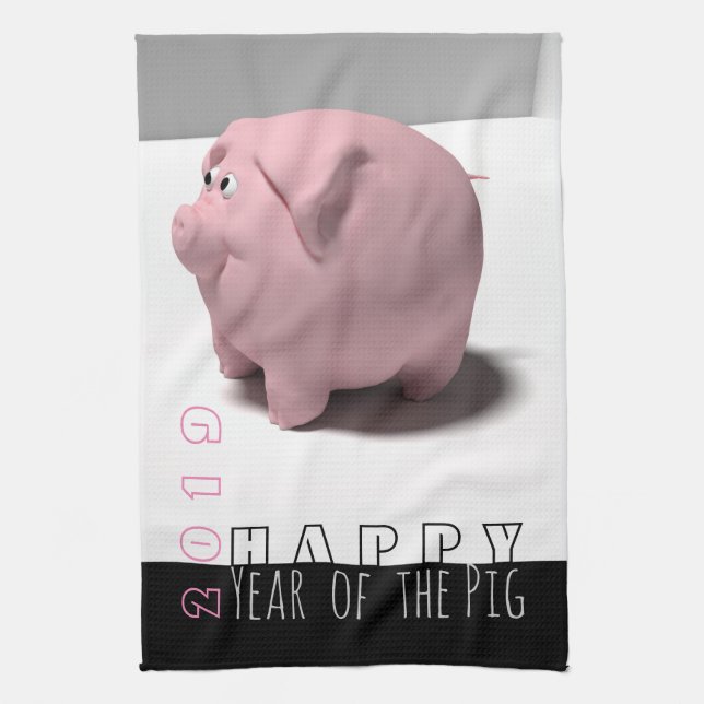 Feliz Año PIg 2019 linda toalla de cocina 3D (Vertical)