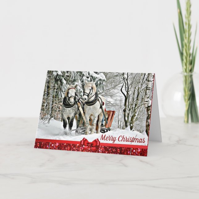 Feliz Caballos de Navidad tirando la tarjeta Sleig (Anverso)