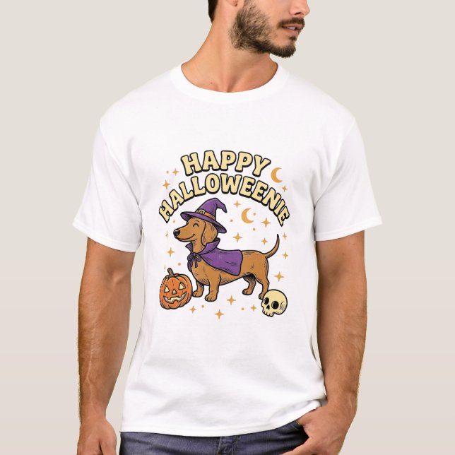 Feliz Camiseta de Perro Bruja Dachshund de Hallowe (Anverso)