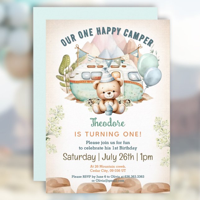 Feliz Camper Verano 1er cumpleaños Invitación de n (Happy Camper Summer 1st Birthday Boy Invitation)