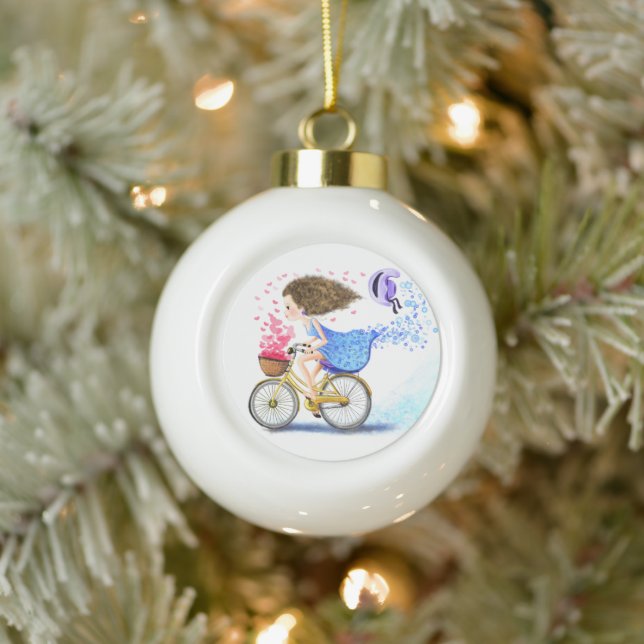 Feliz Chica con el adorno de Navidad en bicicleta (Árbol)