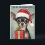 Feliz Chihuahua Santa con tarjeta de Navidades reg<br><div class="desc">Difunde alegría y risas esta temporada de Navidades con nuestra deliciosa tarjeta de Navidades "Happy Chihuahua Santa with Gift" (Feliz Santa Chihuahua con regalo), que presenta el reconfortante arte de Greg Collins. Esta encantadora imagen capta el espíritu festivo mientras un sonriente Chihuahua cuelga un sombrero de Santa y presenta un...</div>