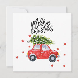 Feliz coche rojo navideño con tarjeta de árbol de 