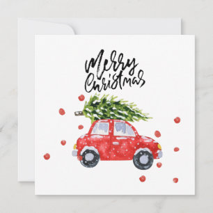 Feliz coche rojo navideño con tarjeta de árbol de 
