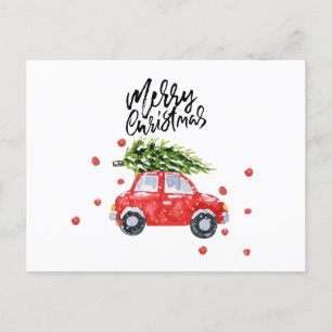 Feliz coche rojo navideño con tarjeta de árbol de