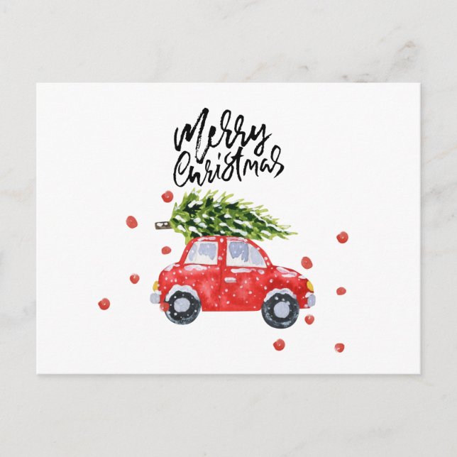 Feliz coche rojo navideño con tarjeta de árbol de  (Anverso)