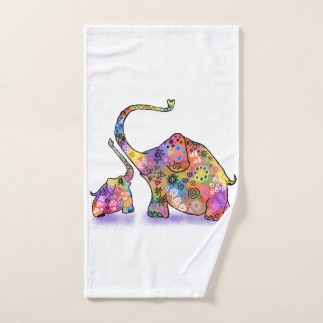 Feliz colorido elefante madre y bebé - Dibujo  (Toalla de mano)