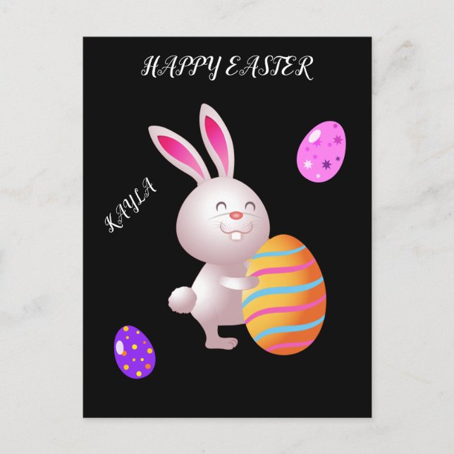 Feliz conejo de Pascua y postal de huevo a rayas. (Anverso)